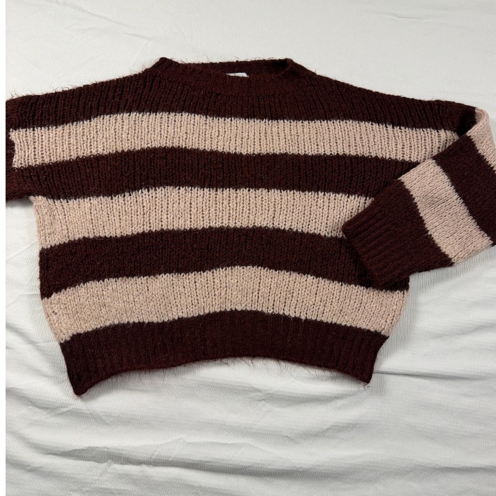 ØST London Striped Wool Blend Knit Sweater Burgundy Cream Made in Italy Earthy